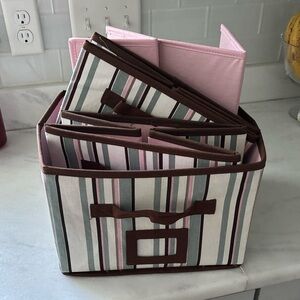 Striped Fabric Storage Basket Organizer - Pink, Green, Brown